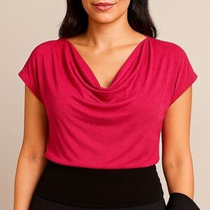 Worthington Pink & Black Colorblock Top 1X | Draped Cowl Neck Short Sleeve